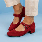 Orthopedic Suede Mary Jane Block Heels - Ring Buckle & Cutout Detail