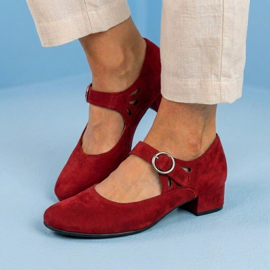 Orthopedic Suede Mary Jane Block Heels - Ring Buckle & Cutout Detail