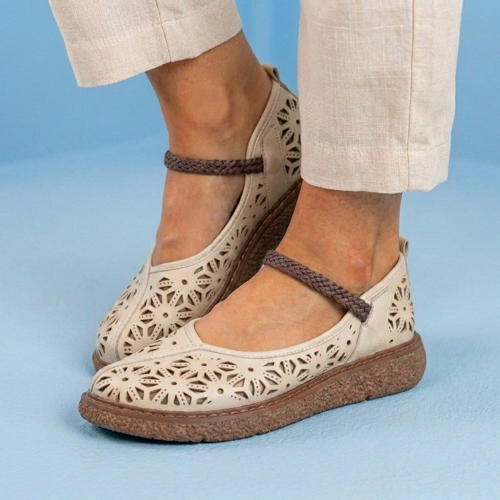 Orthopedic Leather Laser-Cut Flats - Braided Ankle Strap