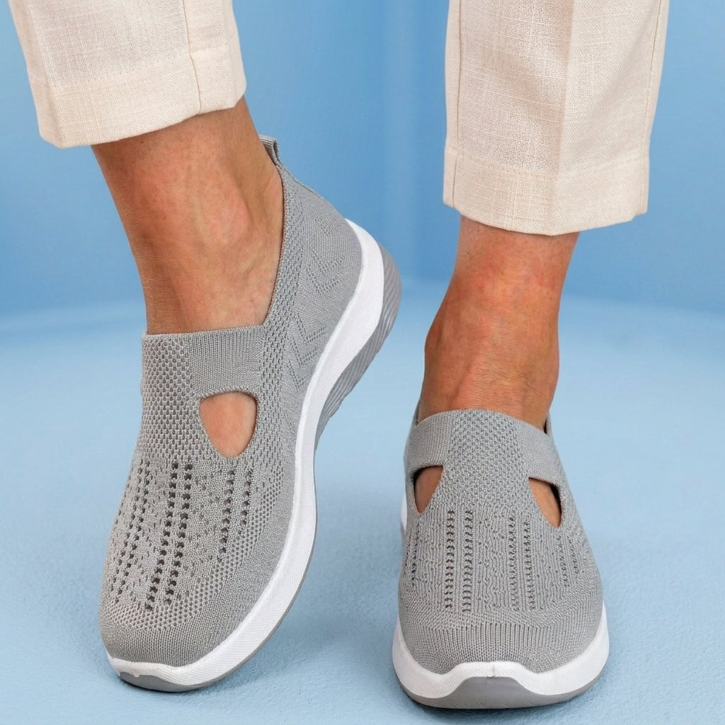 Orthopedic Knit Slip-On Wedge Sneakers - Cutout Teardrop Design & Rocker Sole