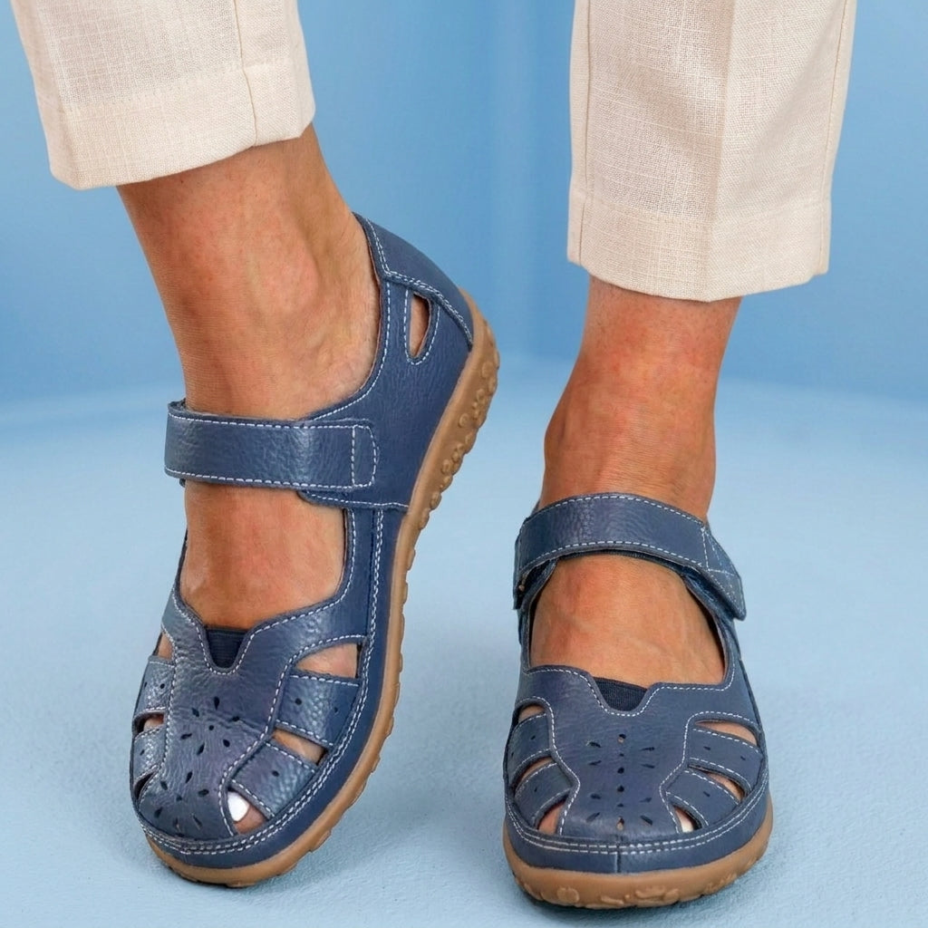 Orthopedic Leather Mary Jane Sandals - Perforated Design & Grip Sole