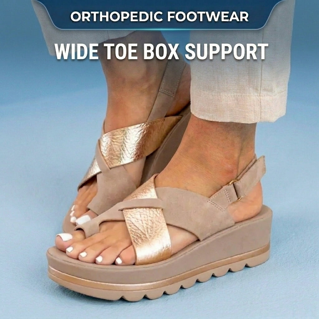 Orthopedic Platform Wedge Sandals - Metallic & Suede