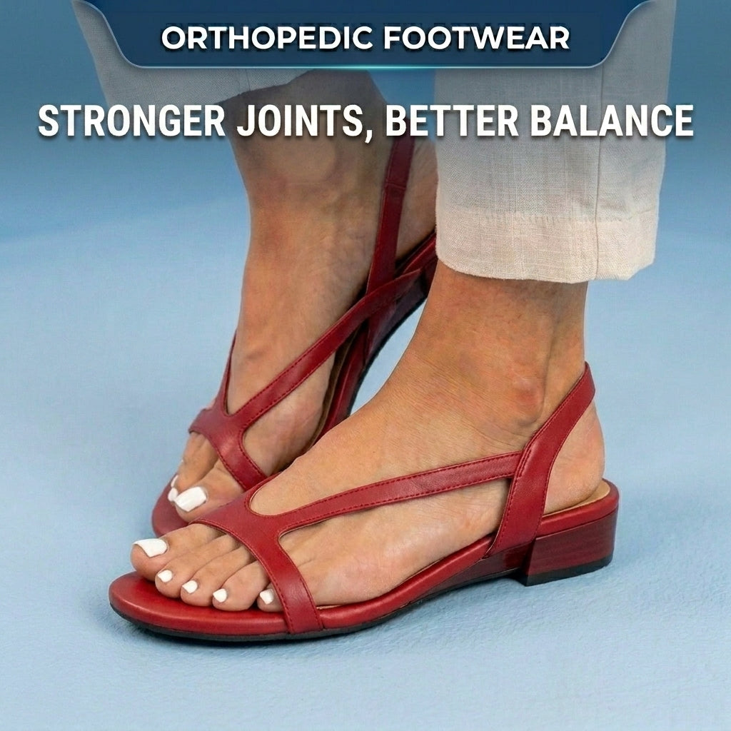 Orthopedic Leather Low-Heel Sandals - Geometric Cutout Strap