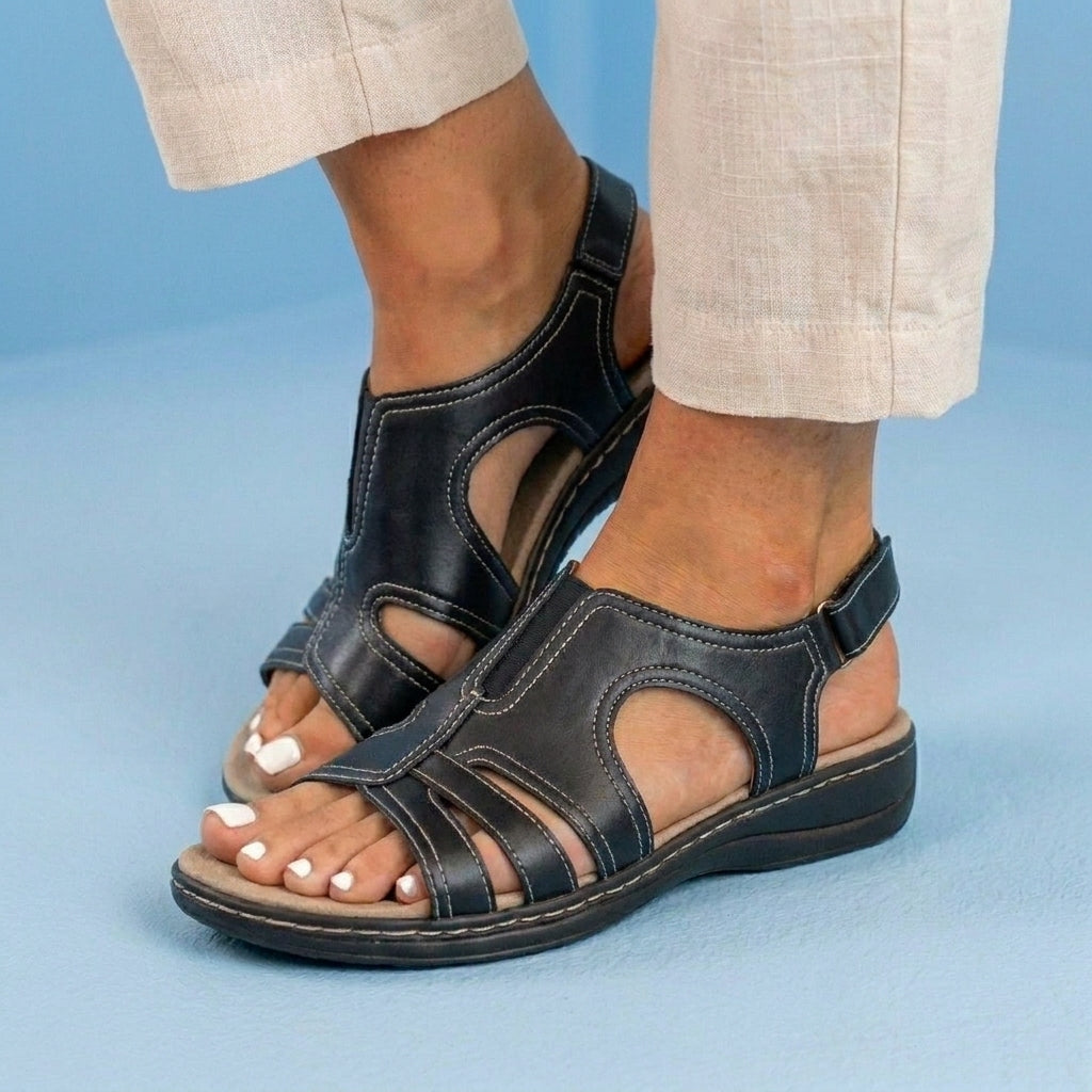 Orthopedic Leather Wave Cutout Sandals - Curved Contour Design