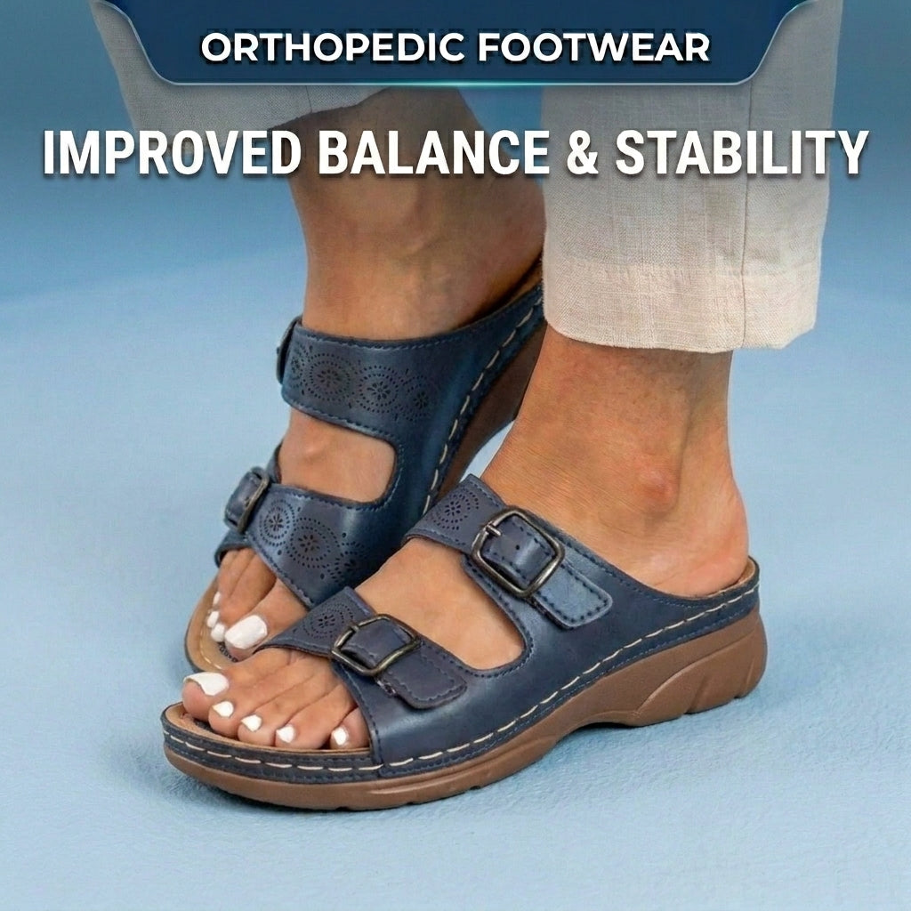 Orthopedic Leather Platform Slide Sandals - Double Buckle Perforated Design
