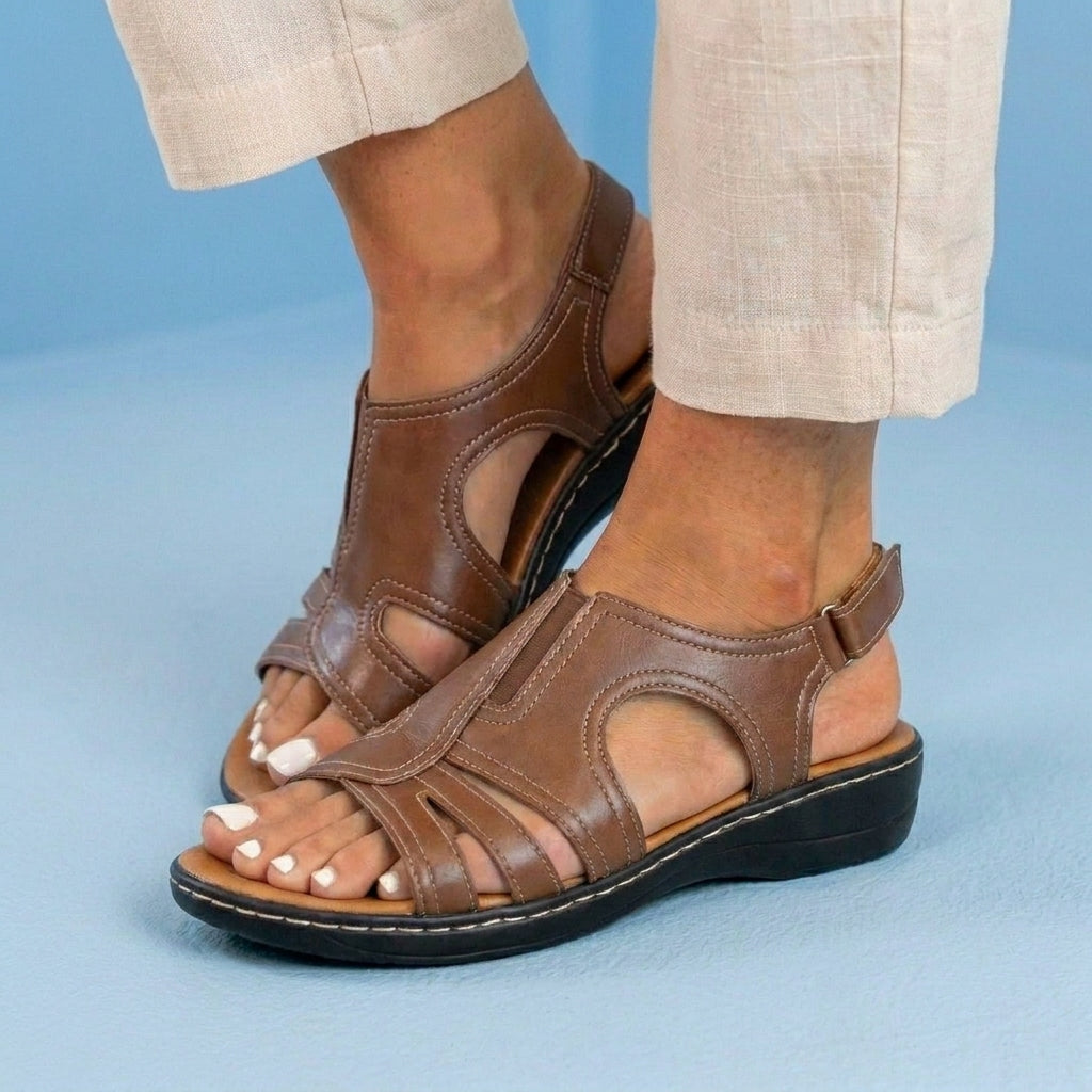 Orthopedic Leather Wave Cutout Sandals - Curved Contour Design