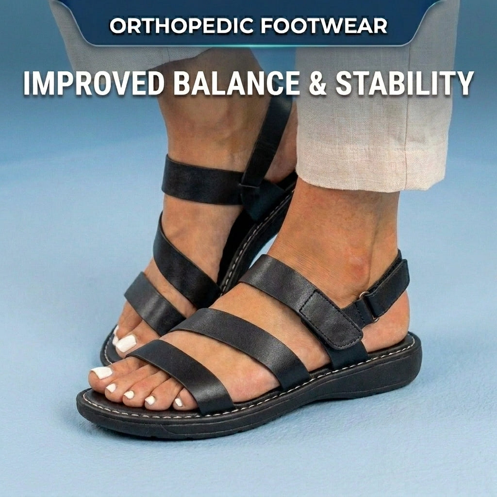 Orthopedic Leather Multi-Strap Sandals - Triple Buckle Closure