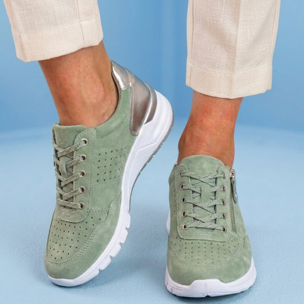 Orthopedic Suede Platform Sneakers - Perforated Design & Metallic Heel Counter