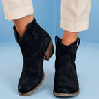 Orthopedic Suede Western Ankle Boots - Low Block Heel Pull-On