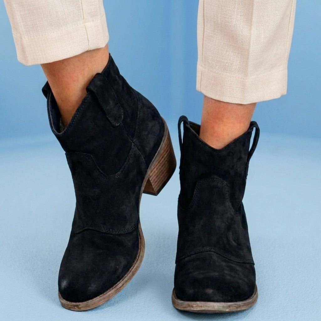 Orthopedic Suede Western Ankle Boots - Low Block Heel Pull-On