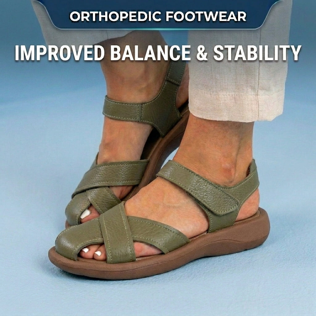 Orthopedic Leather Cross-Strap Comfort Sandals – Cushioned Open Toe