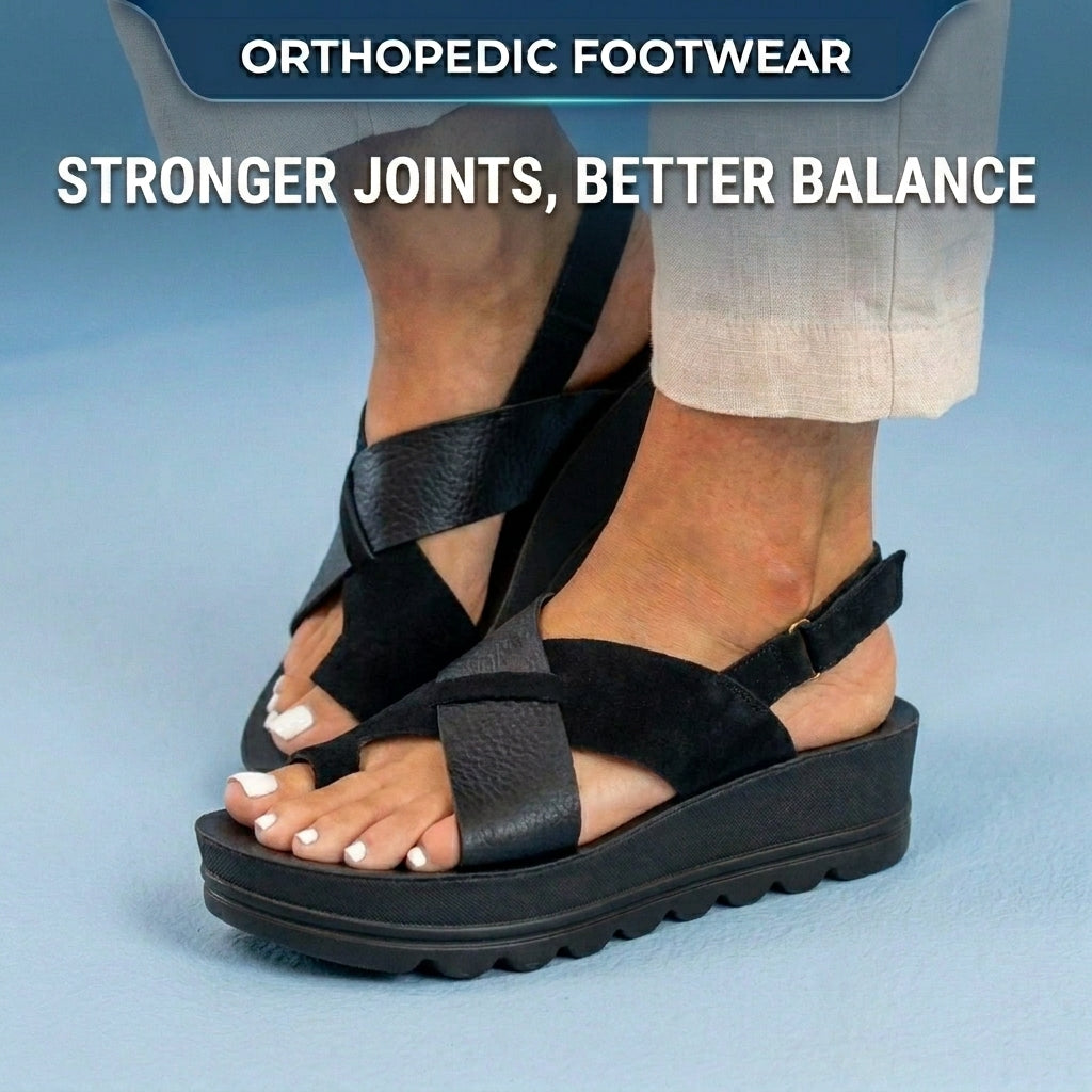 Orthopedic Platform Wedge Sandals - Metallic & Suede