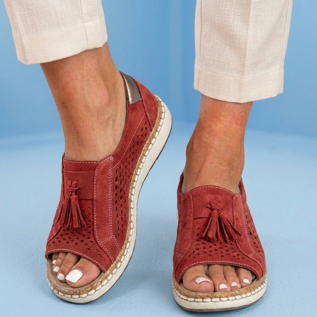 Orthopedic Leather Slip-On Sneakers - Tassel & Perforated Detail