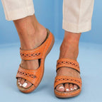 Orthopedic Leather Braided Slide Sandals - Triple Strap Woven Detail