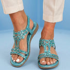 Orthopedic Embellished Wedge Sandals - Rhinestone Floral & Elastic Slingback