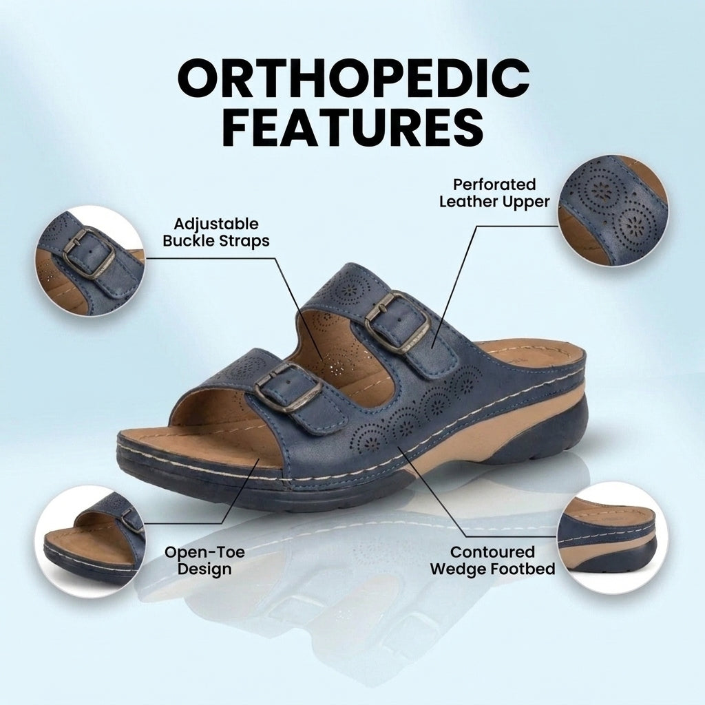 Orthopedic Leather Platform Slide Sandals - Double Buckle Perforated Design