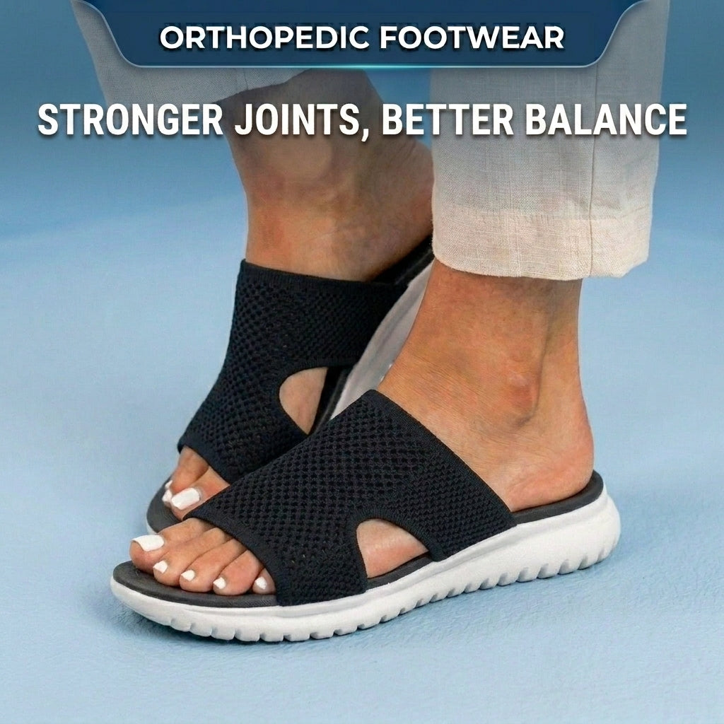Orthopedic Knit Slide Sandals - Wide Cutout Band Design & Breathable Mesh Construction