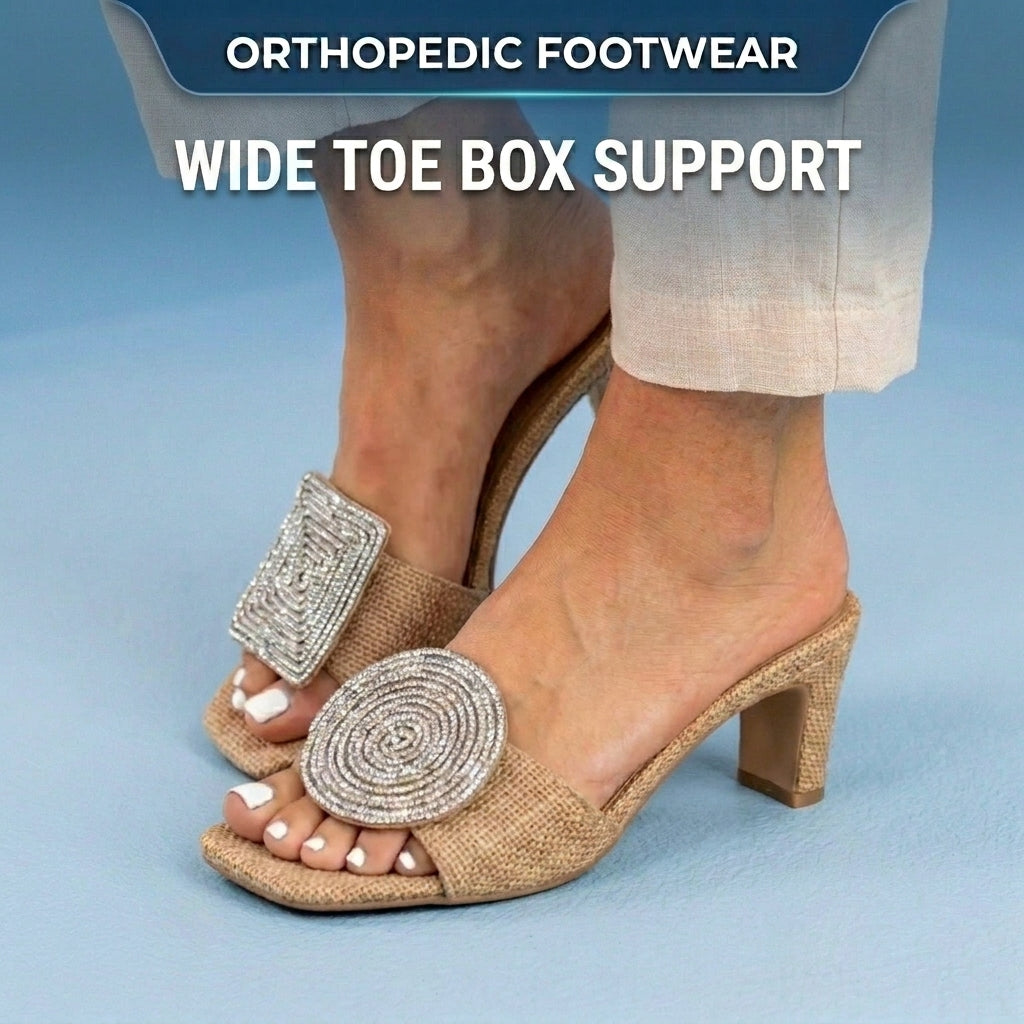 Orthopedic Raffia Block Heel Mules - Crystal Circle & Square Embellishment