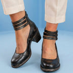 Orthopedic Leather Ankle Boots - Block Heel Double Buckle Strap