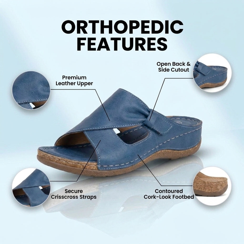 Orthopedic Leather Crossover Slide Sandals - Contrast Stitching Detail
