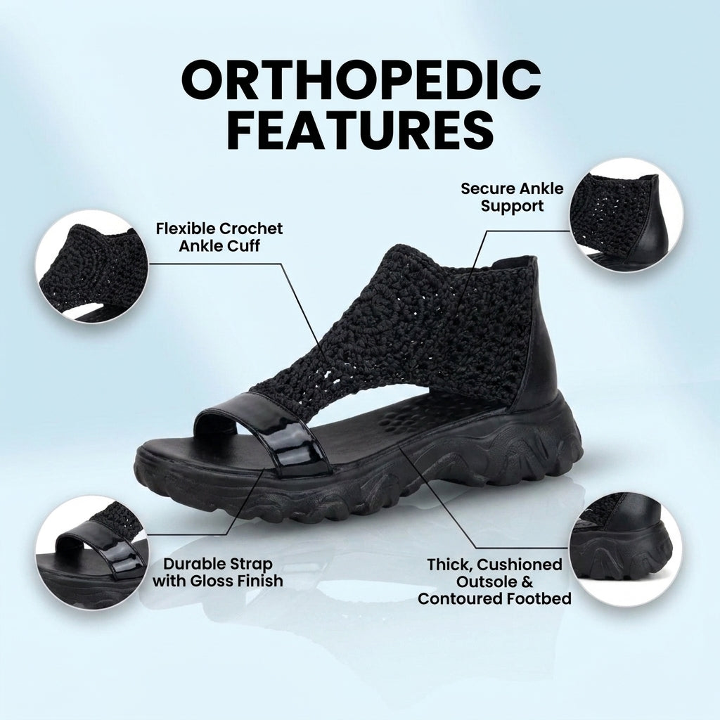 Orthopedic Platform Sport Sandals - Metallic Ankle Wrap & Chunky Sole