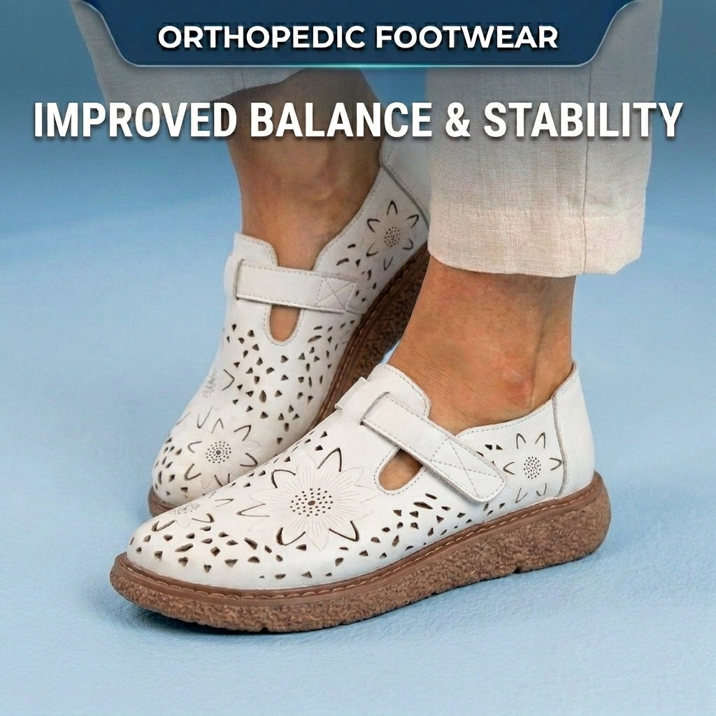 Orthopedic Leather Perforated Mary Janes - Floral Cutout T-Strap