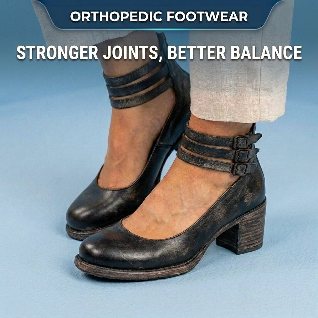 Orthopedic Leather Ankle Boots - Block Heel Double Buckle Strap