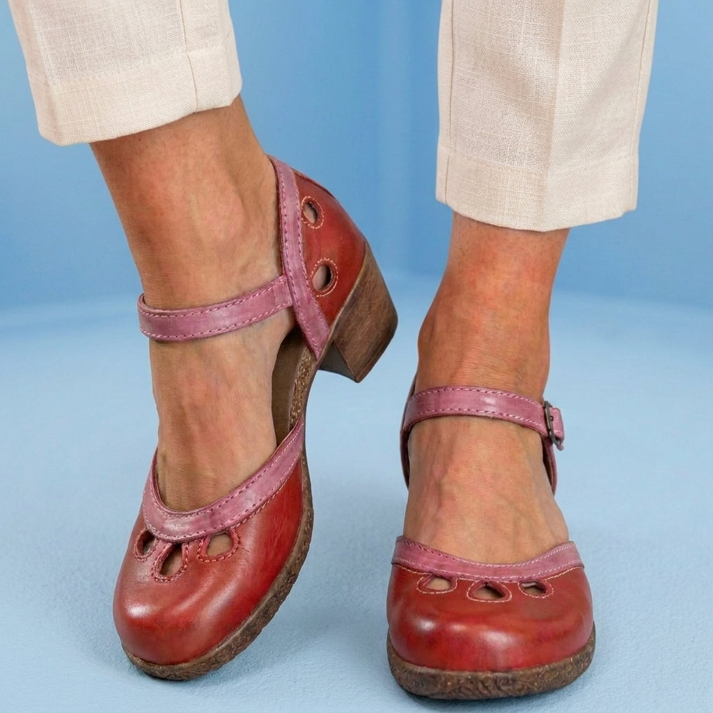 Orthopedic Leather Color-Block Mary Janes - Cutout Pattern & Dual-Buckle