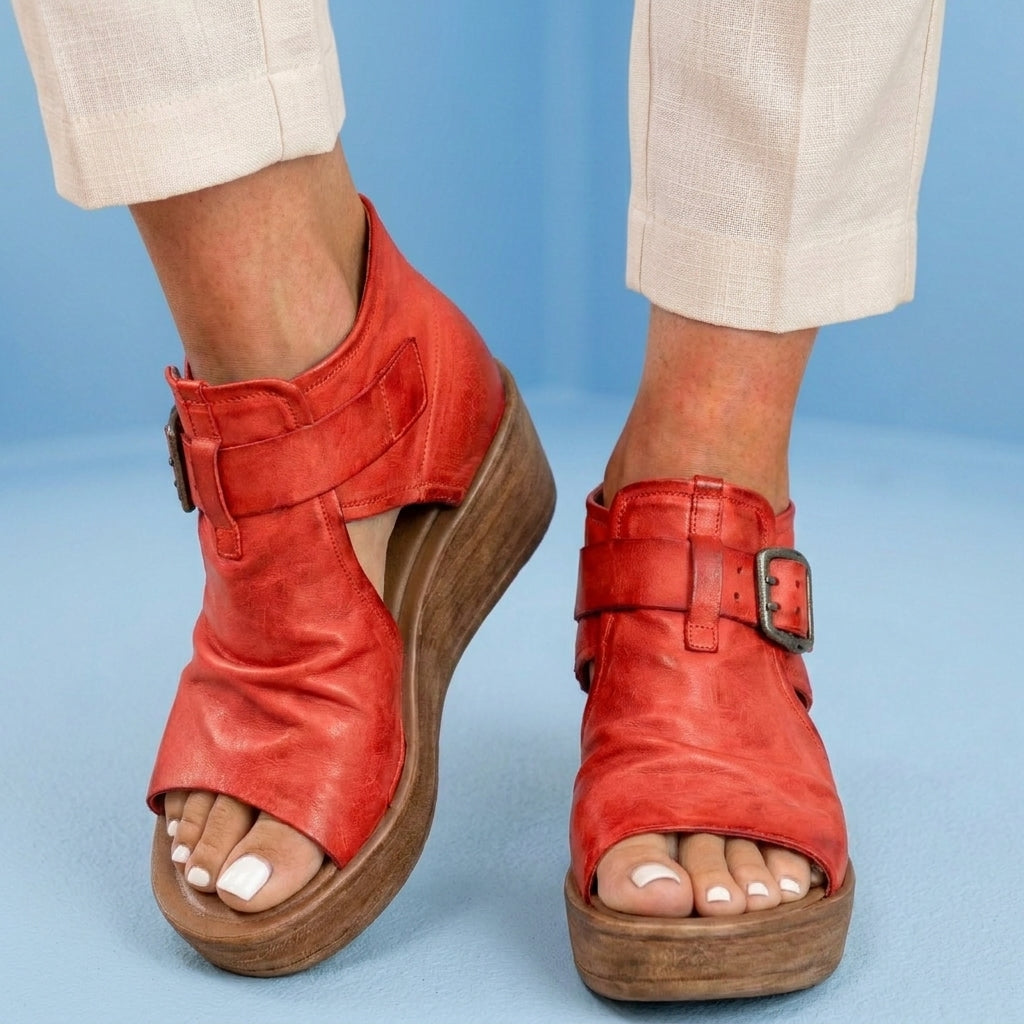Orthopedic Leather Platform Sandals - Double Buckle Ankle Strap