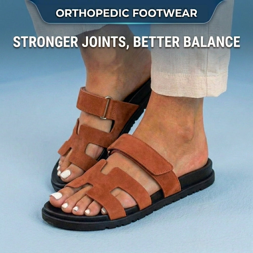Orthopedic Leather H-Strap Slide Sandals - Adjustable Buckle Closure