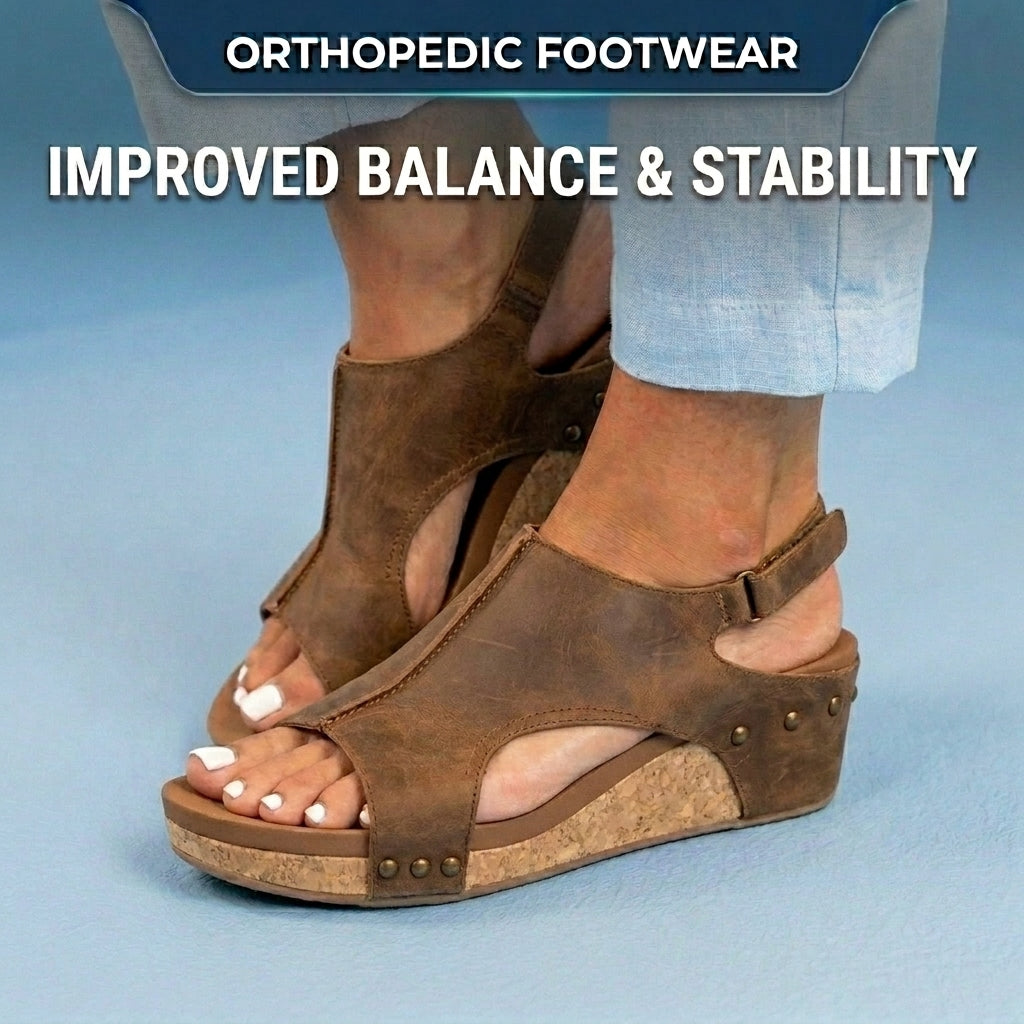Orthopedic Leather Studded Platform Wedges - Cork & Cutout Design