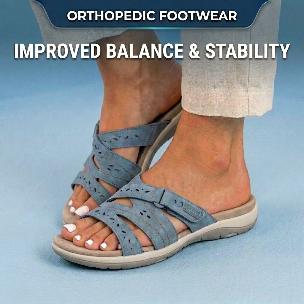 Orthopedic Suede Slide Sandals - Perforated Cutout & Velcro Closure