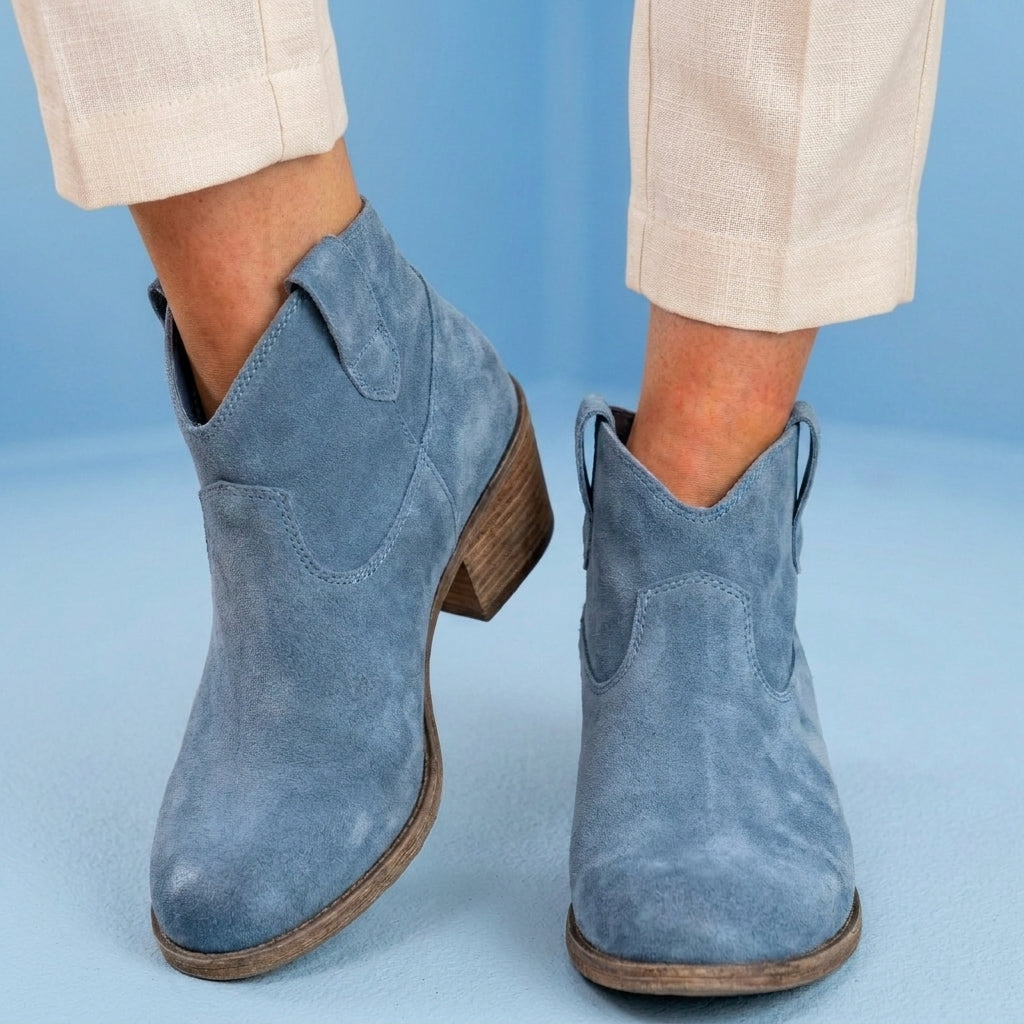 Orthopedic Suede Western Ankle Boots - Low Block Heel Pull-On