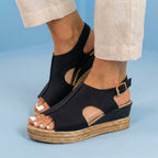 Orthopedic Platform Wedge Sandals - Espadrille Trim & Buckle Strap