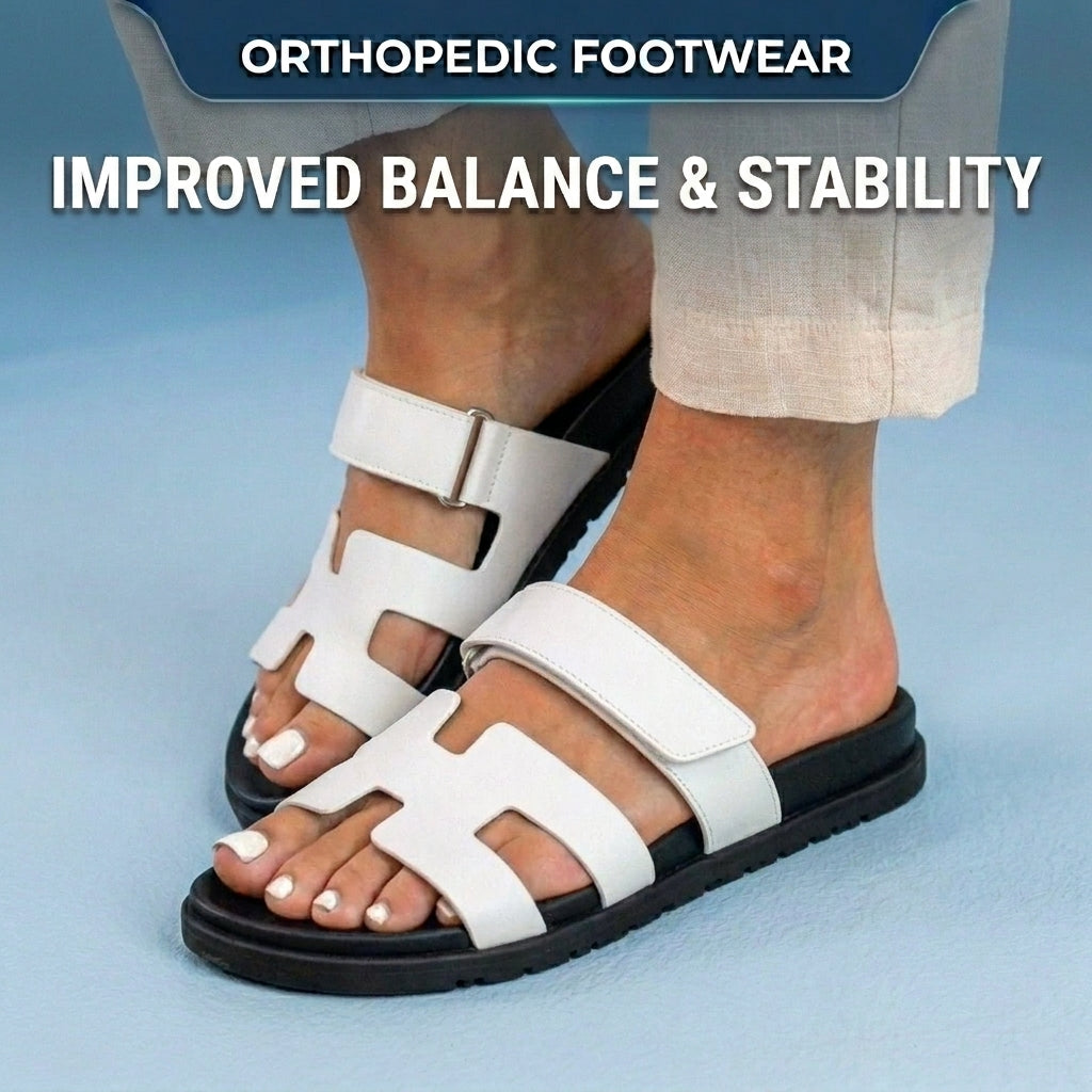 Orthopedic Leather H-Strap Slide Sandals - Adjustable Buckle Closure