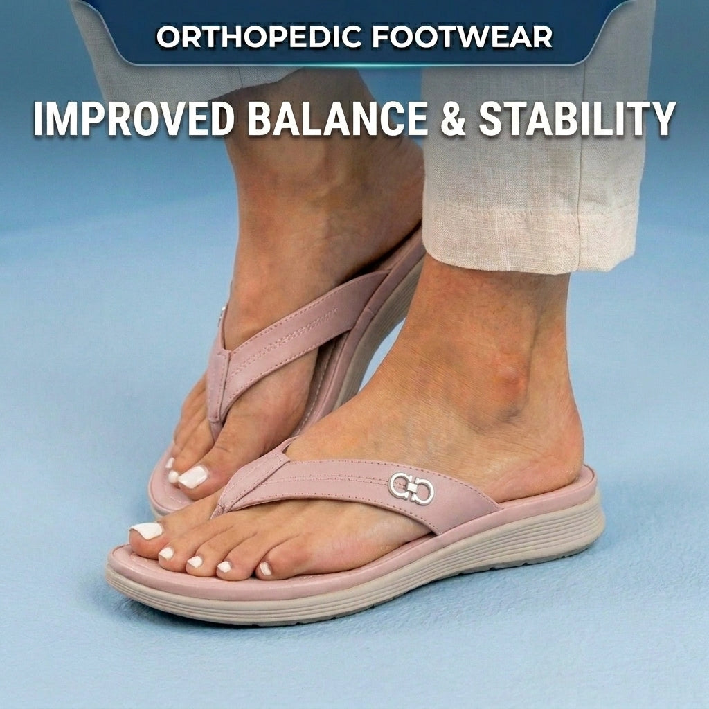 Orthopedic Leather Flip Flops - Thong Style Design & Gold Accent Hardware