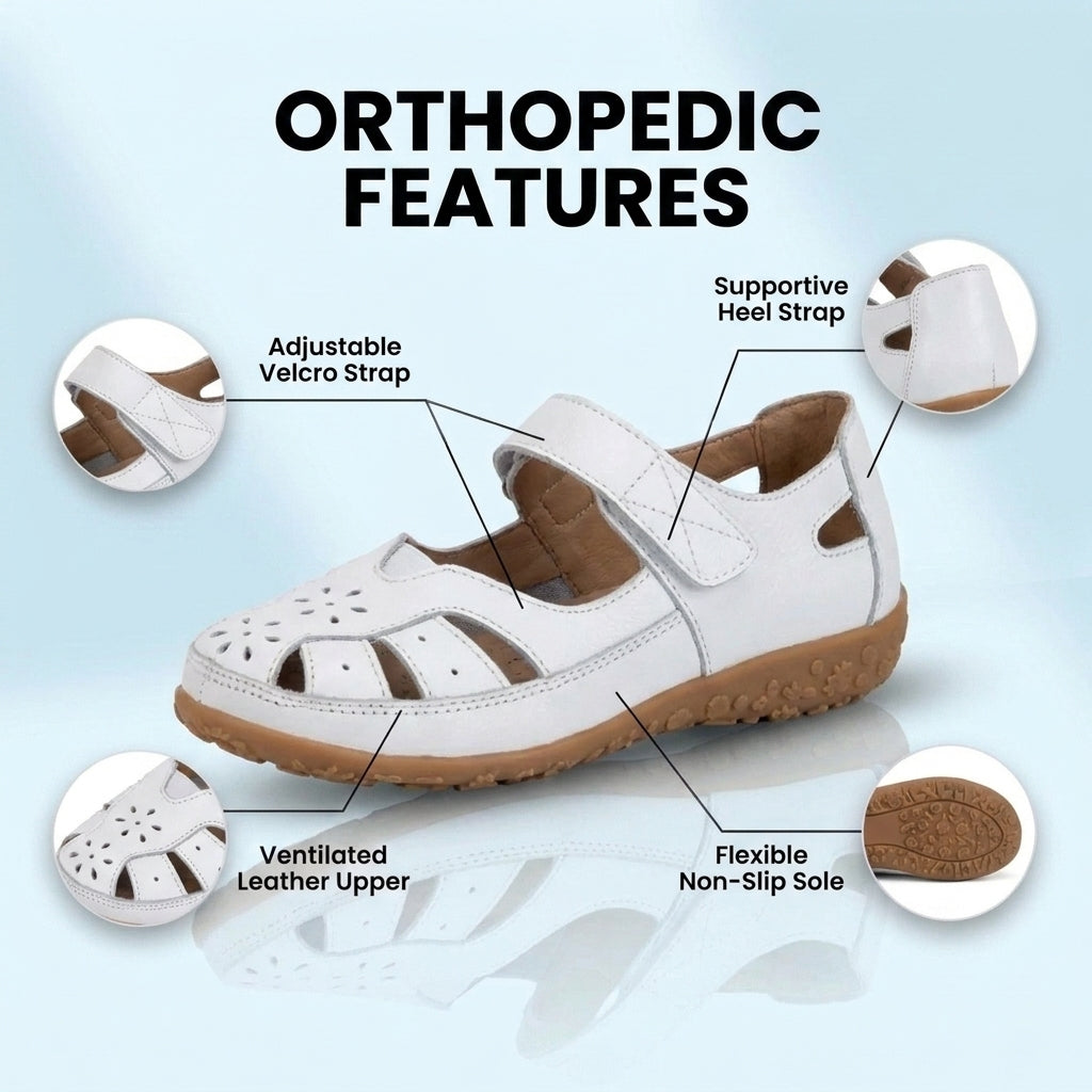 Orthopedic Leather Mary Jane Sandals - Perforated Design & Grip Sole