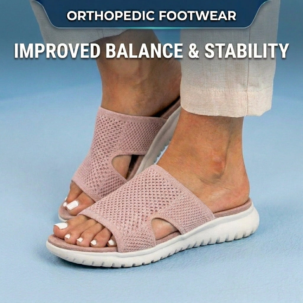 Orthopedic Knit Slide Sandals - Wide Cutout Band Design & Breathable Mesh Construction