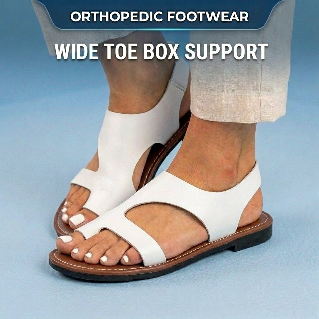 Orthopedic Leather Cutout Slide Sandals - Asymmetric Open Toe Design