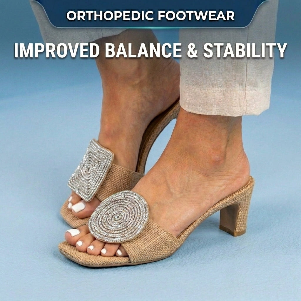 Orthopedic Raffia Block Heel Mules - Crystal Circle & Square Embellishment