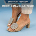 Orthopedic Raffia Block Heel Mules - Crystal Circle & Square Embellishment