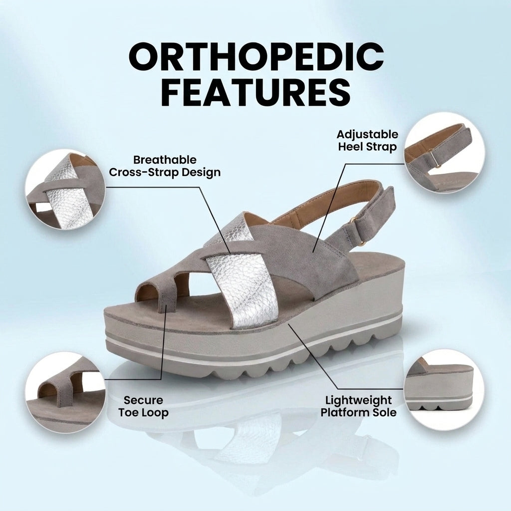 Orthopedic Platform Wedge Sandals - Metallic & Suede