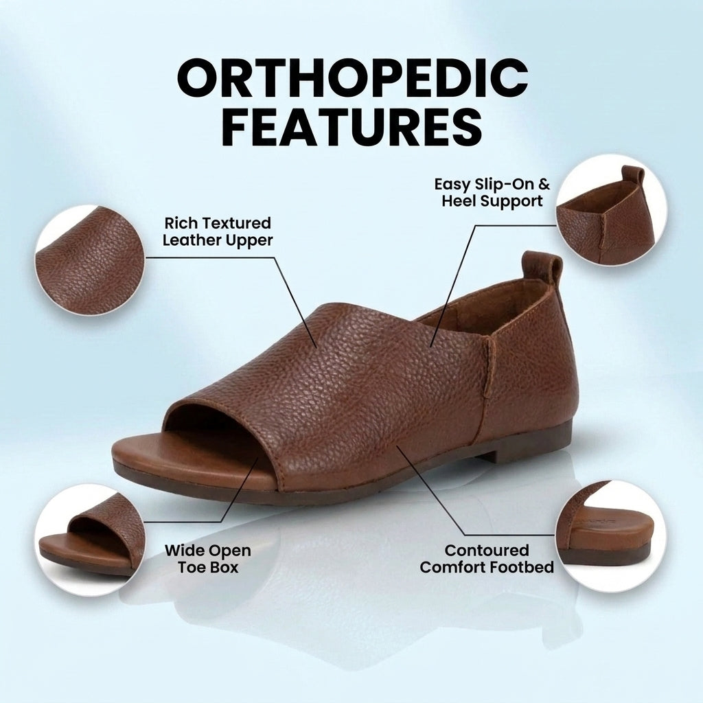 Orthopedic Leather Peep-Toe Wedge Slides - Wide Strap Design