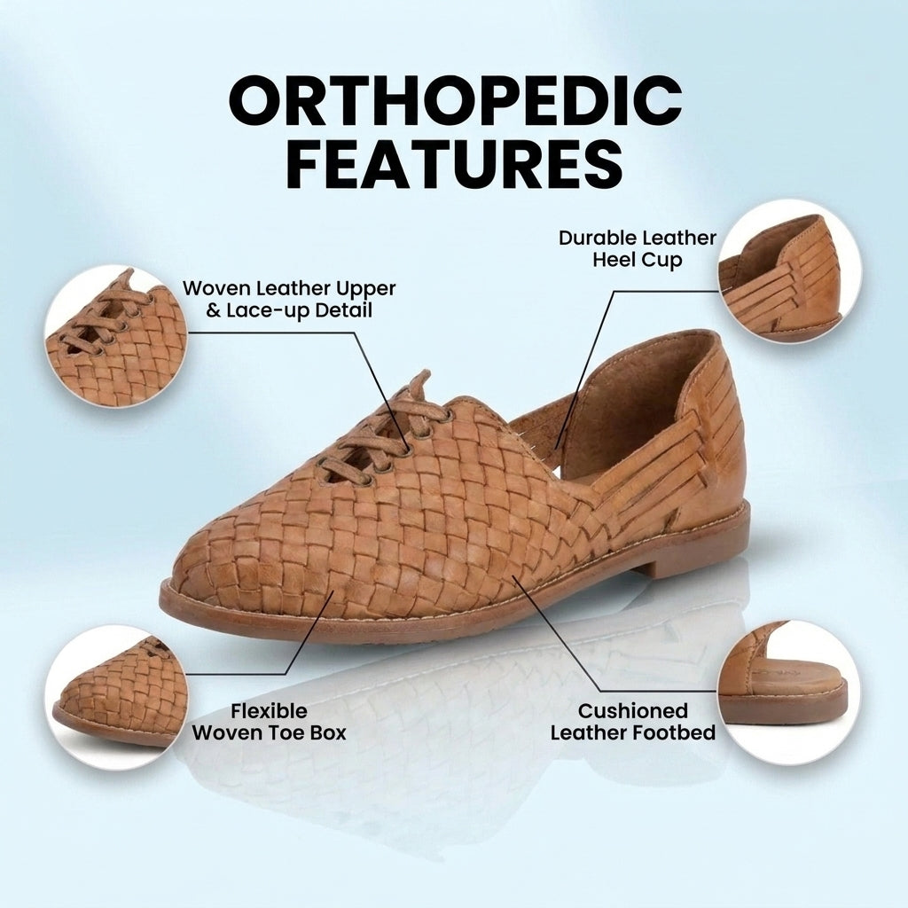 Orthopedic Leather Woven Slip-On Flats - Basketweave Cutout Detail