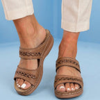 Orthopedic Leather Braided Slide Sandals - Triple Strap Woven Detail