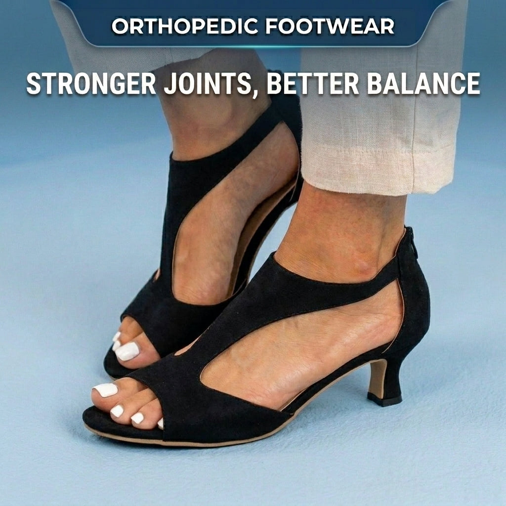 Orthopedic Linen Block Heel Sandals - T-Strap Peep-Toe Desig