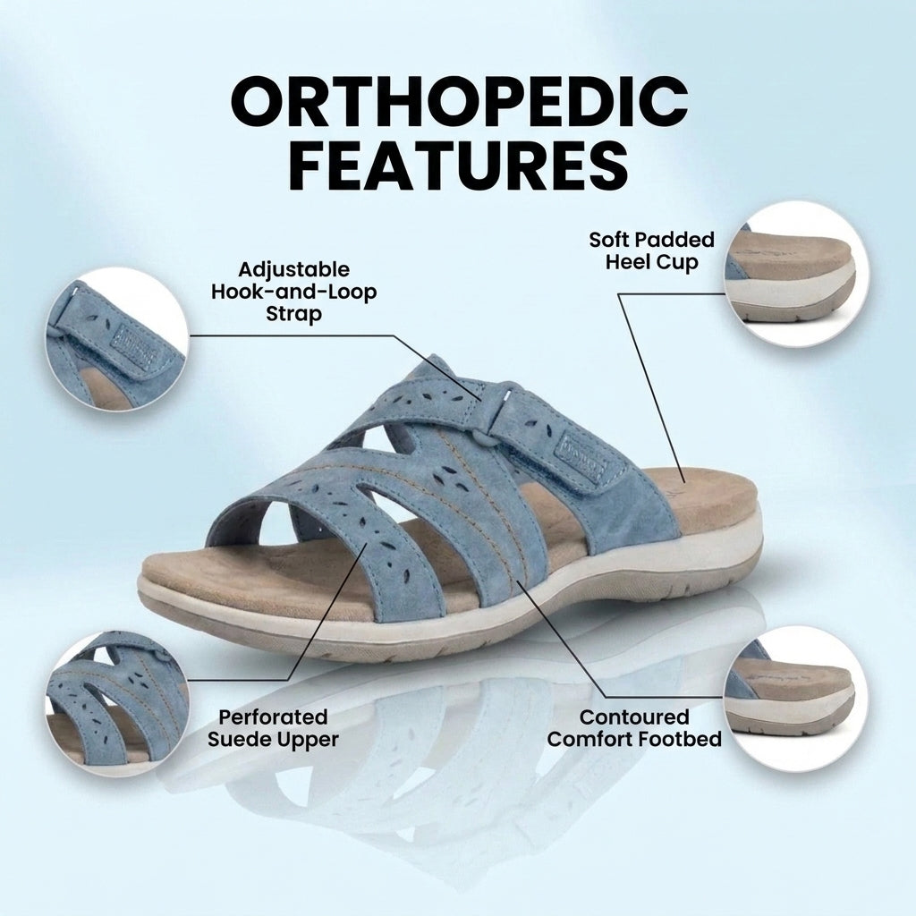 Orthopedic Suede Slide Sandals - Perforated Cutout & Velcro Closure