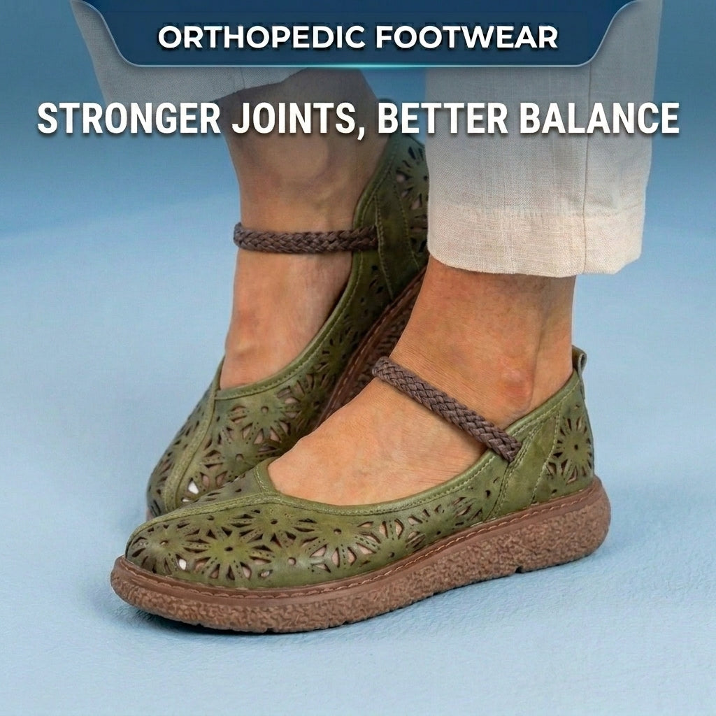 Orthopedic Leather Laser-Cut Flats - Braided Ankle Strap