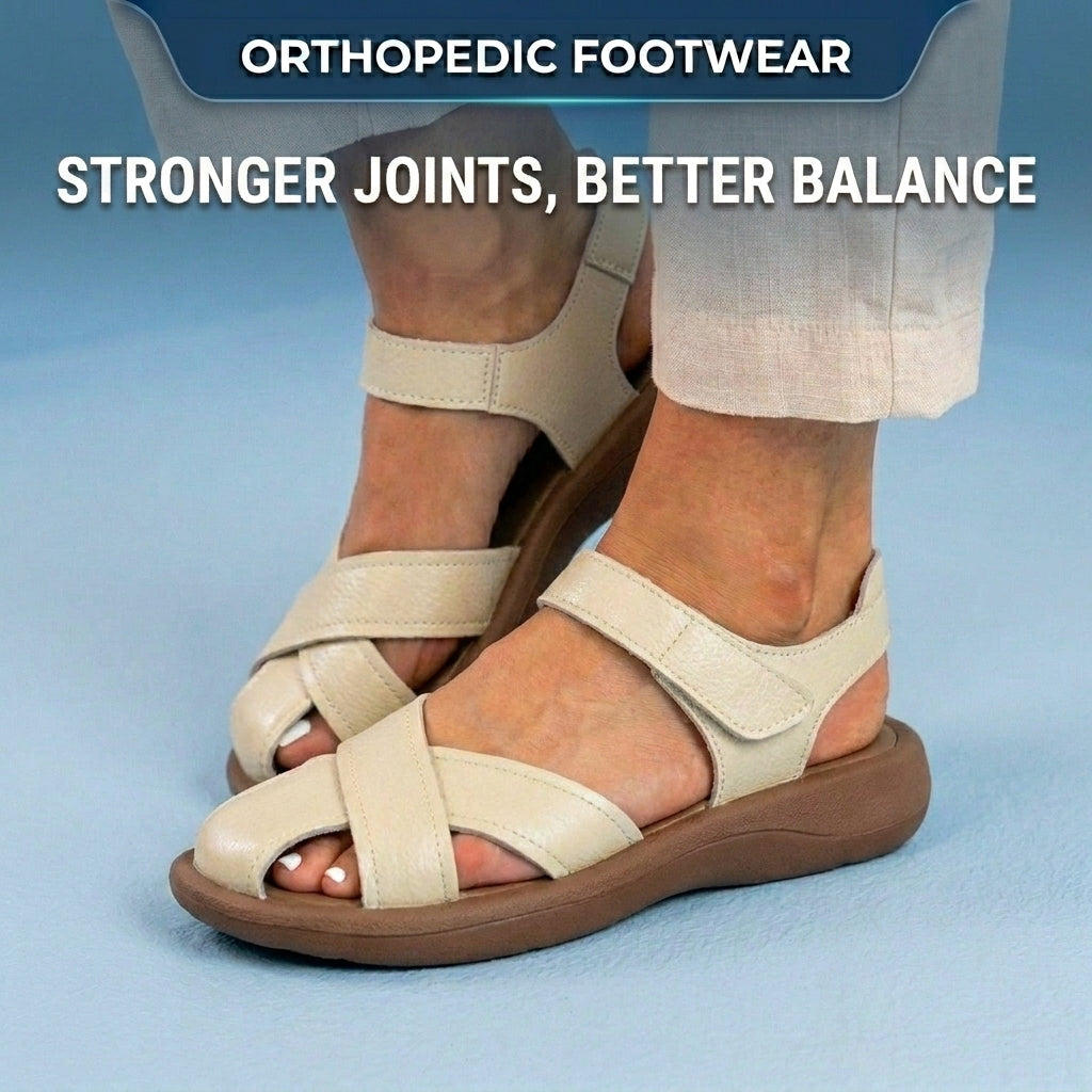 Orthopedic Leather Cross-Strap Comfort Sandals – Cushioned Open Toe