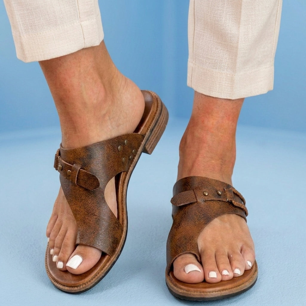 Orthopedic Leather Toe-Loop Sandals - Buckle Accent Cork Footbed